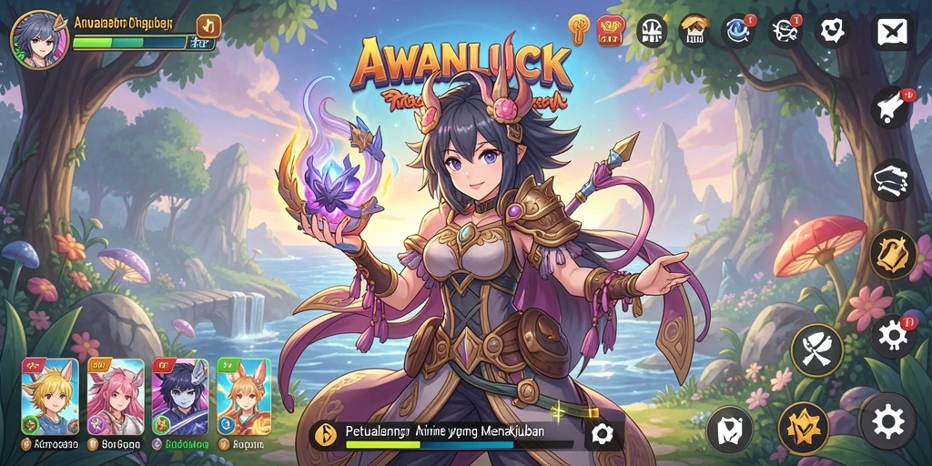 Tangkapan layar gameplay <strong>AWANLUCK</strong> dengan karakter anime yang beraksi.