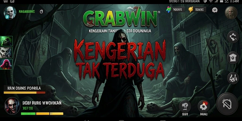 Screenshot utama GRABWIN menampilkan karakter dalam suasana kegelapan yang mencekam.