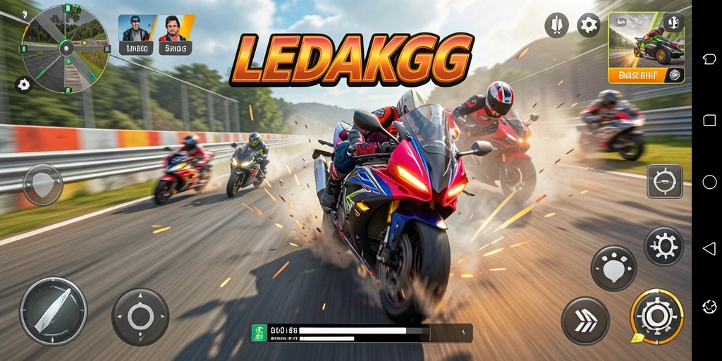 Tampilan gameplay seru dari LEDAKGG dengan motor balap yang kencang.